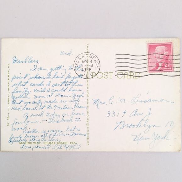 Vintage Florida Postcard Delray Beach Marine Way 1956 Bridge Palm Trees - Picture 2 of 2